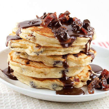 Chocolate Chip & Candied Bacon Pancakes with Nutella Recipe