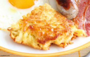A plate of boxty being served for a St. Paddy's day hangover breakfast.