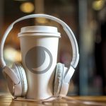 A coffee cup with headphones on it.