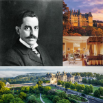 Collage of George Vanderbilt, the Biltmore Estate, and the Biltmore House Library.
