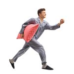 get more exercise | Man carrying a red pillow and walking aggressively.